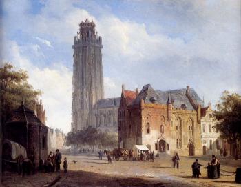 Cornelis Springer : A Cathedral On A Townsquare In Summer